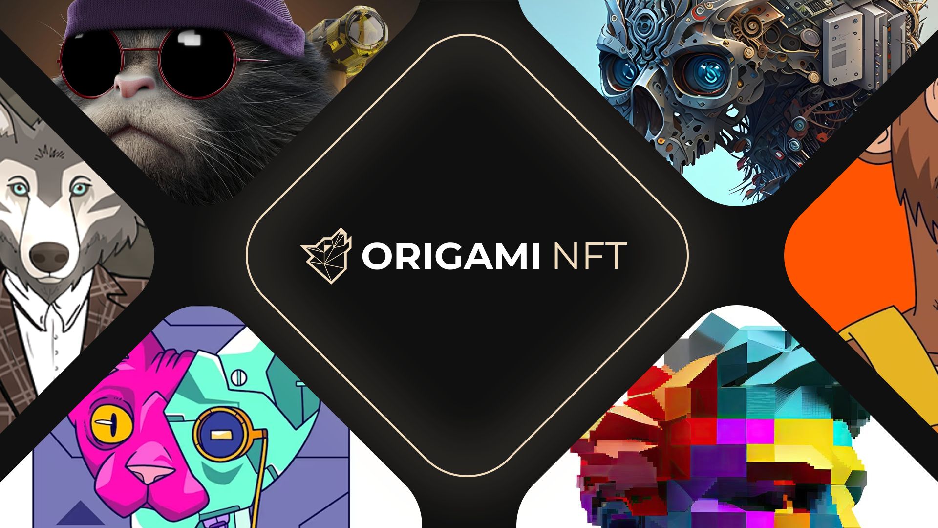 Origami NFT – kolaż marki na czarnym rombie